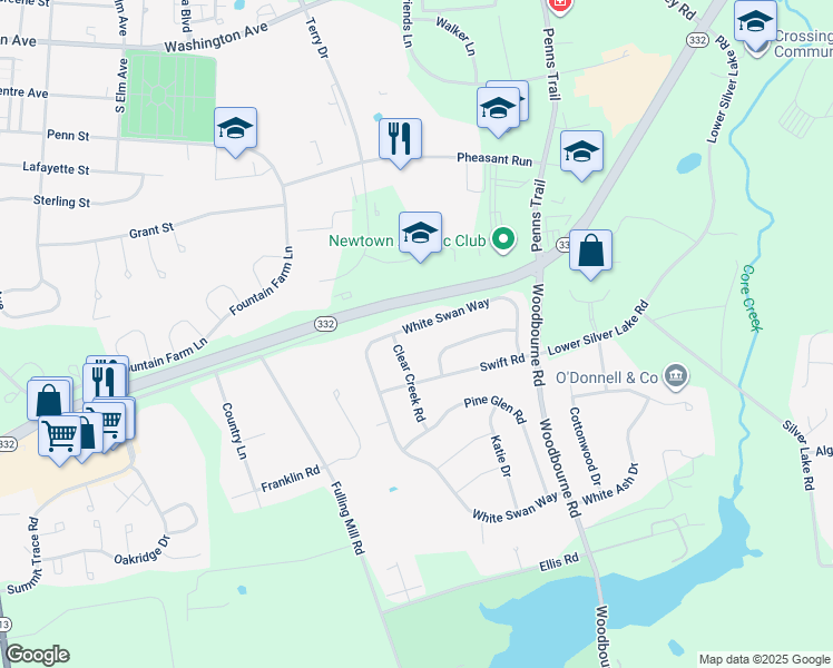 map of restaurants, bars, coffee shops, grocery stores, and more near 432 White Swan Way in Langhorne