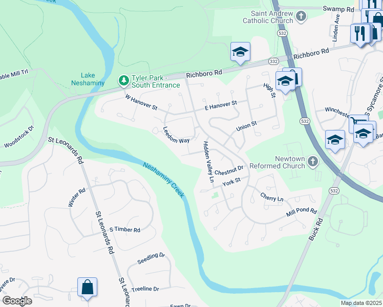 map of restaurants, bars, coffee shops, grocery stores, and more near 352 Leedom Way in Newtown