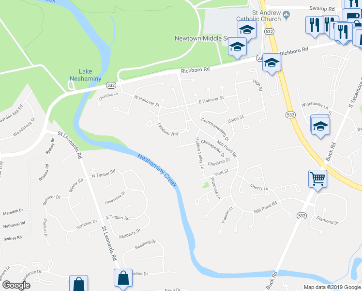 map of restaurants, bars, coffee shops, grocery stores, and more near 303 Leedom Way in Newtown
