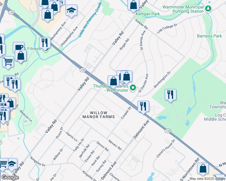 map of restaurants, bars, coffee shops, grocery stores, and more near 1575 West Street Road in Warminster