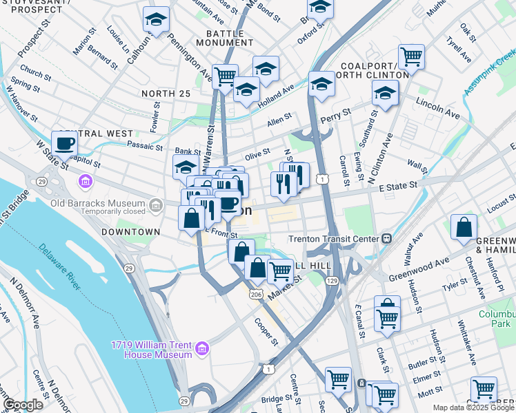 map of restaurants, bars, coffee shops, grocery stores, and more near 142 East State Street in Trenton