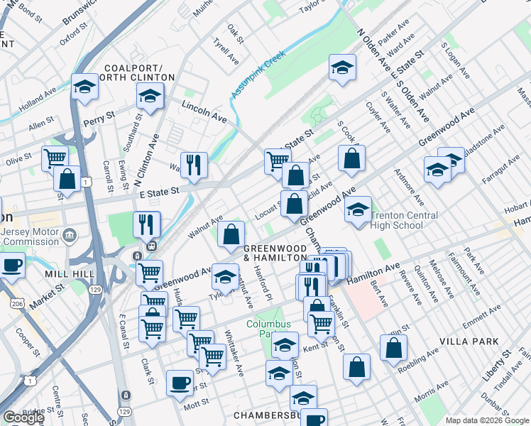 map of restaurants, bars, coffee shops, grocery stores, and more near 131 Walnut Avenue in Trenton
