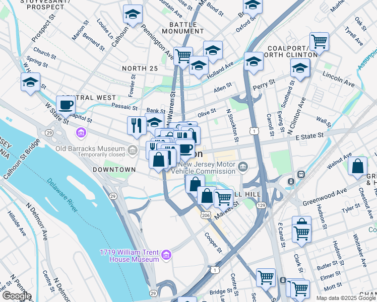 map of restaurants, bars, coffee shops, grocery stores, and more near 32 East Hanover Street in Trenton