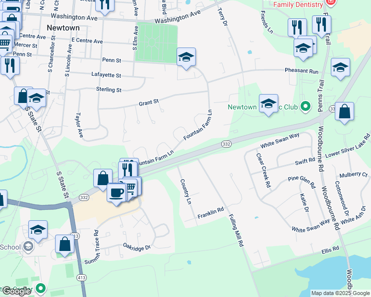 map of restaurants, bars, coffee shops, grocery stores, and more near 114 Fountain Farm Lane in Newtown