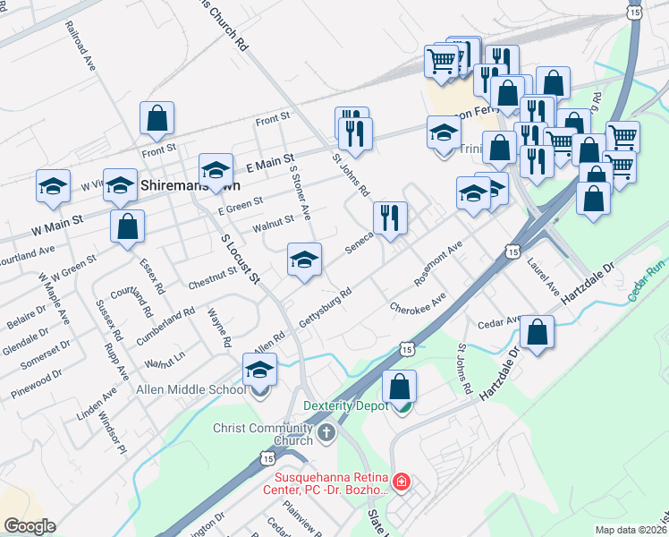 map of restaurants, bars, coffee shops, grocery stores, and more near 86 North 41st Street in Camp Hill