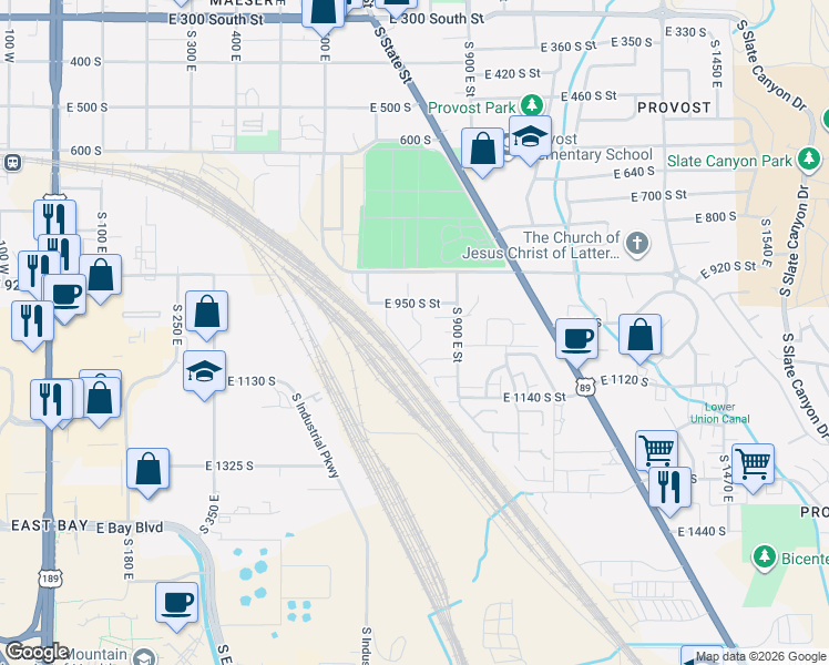 map of restaurants, bars, coffee shops, grocery stores, and more near 1042 South 810 East in Provo