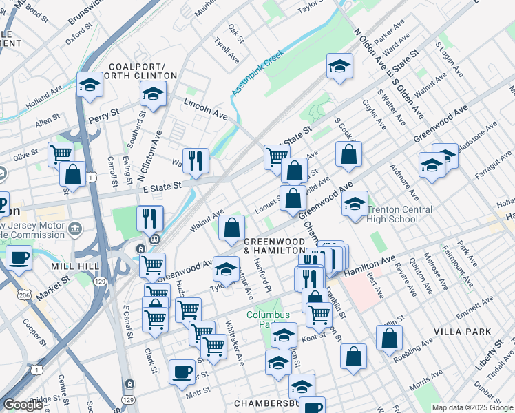 map of restaurants, bars, coffee shops, grocery stores, and more near 137 Walnut Avenue in Trenton