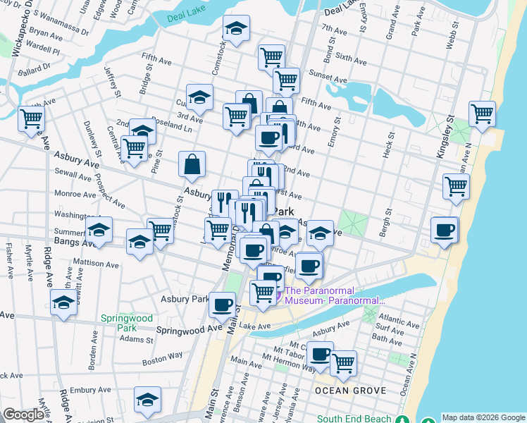 map of restaurants, bars, coffee shops, grocery stores, and more near in Asbury Park