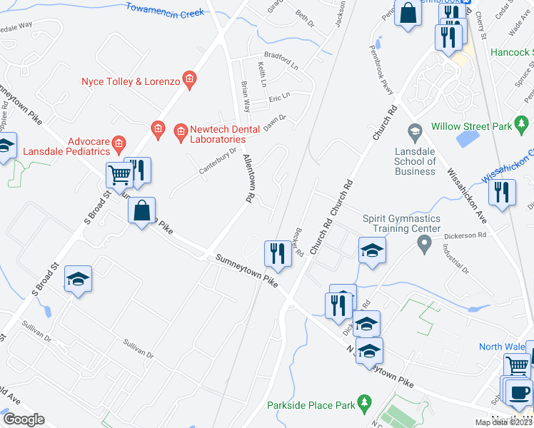 map of restaurants, bars, coffee shops, grocery stores, and more near 232 Providence Lane in Lansdale