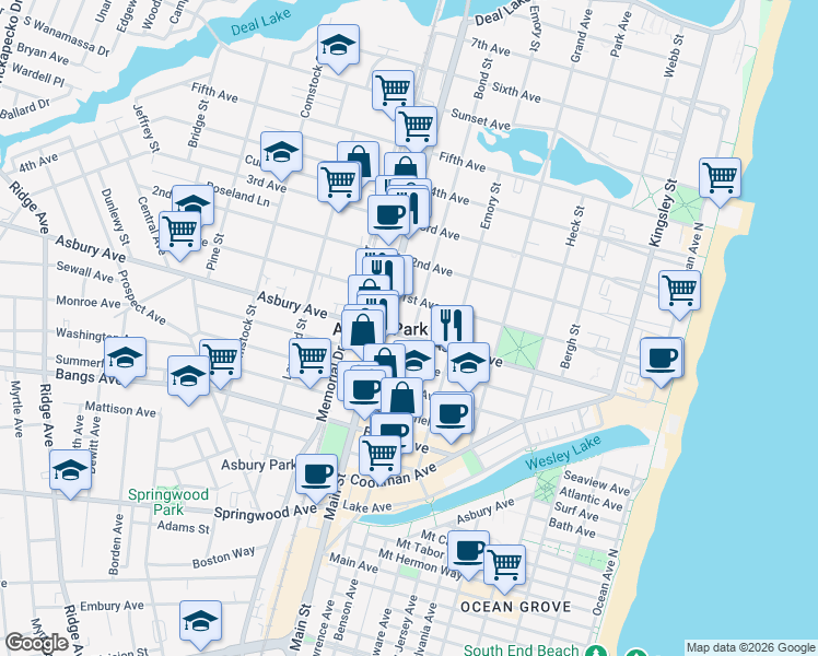 map of restaurants, bars, coffee shops, grocery stores, and more near 614 1st Avenue in Asbury Park