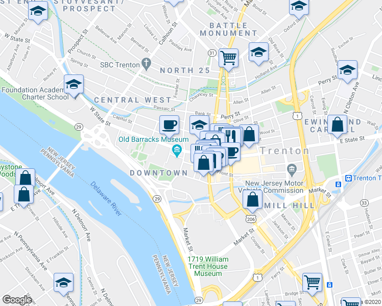 map of restaurants, bars, coffee shops, grocery stores, and more near 41 West State Street in Trenton