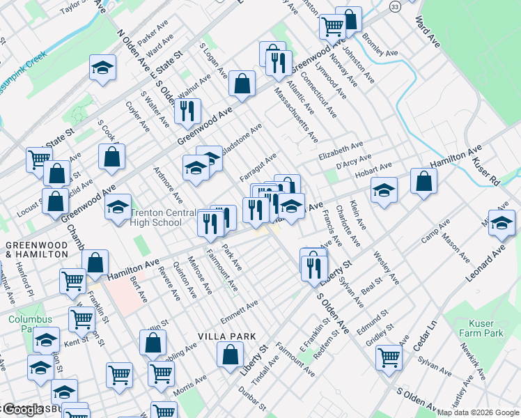 map of restaurants, bars, coffee shops, grocery stores, and more near 447 Garfield Avenue in Trenton