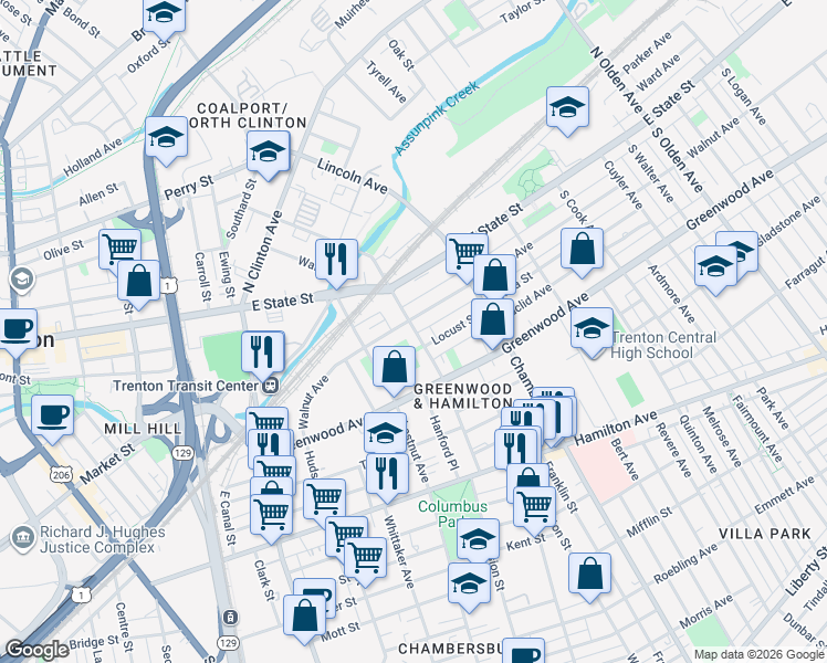 map of restaurants, bars, coffee shops, grocery stores, and more near 325 Monmouth Street in Trenton