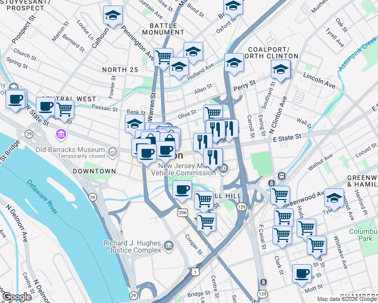 map of restaurants, bars, coffee shops, grocery stores, and more near in Trenton