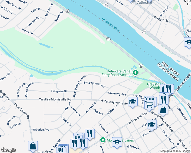 map of restaurants, bars, coffee shops, grocery stores, and more near 228 Penn Valley Terrace in Yardley
