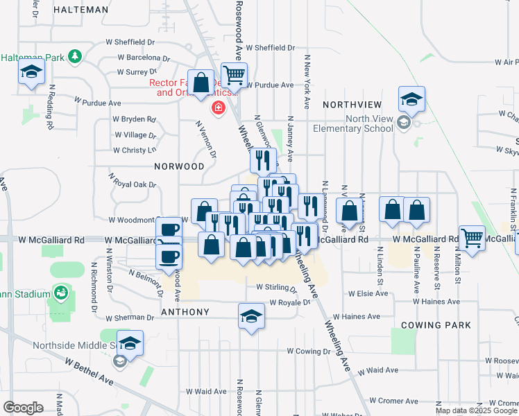map of restaurants, bars, coffee shops, grocery stores, and more near 3425 Wheeling Avenue in Muncie