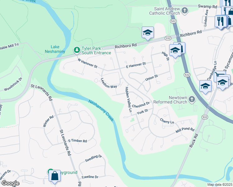 map of restaurants, bars, coffee shops, grocery stores, and more near 330 Leedom Way in Newtown