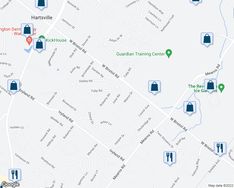 map of restaurants, bars, coffee shops, grocery stores, and more near 1259 June Road in Warminster
