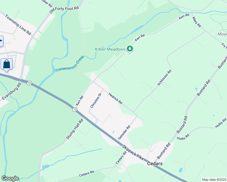 map of restaurants, bars, coffee shops, grocery stores, and more near 2625 Hedrick Road in Harleysville