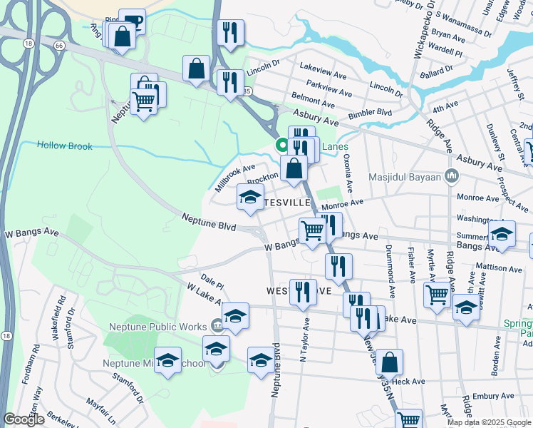 map of restaurants, bars, coffee shops, grocery stores, and more near 605 Sayre Street in Neptune City