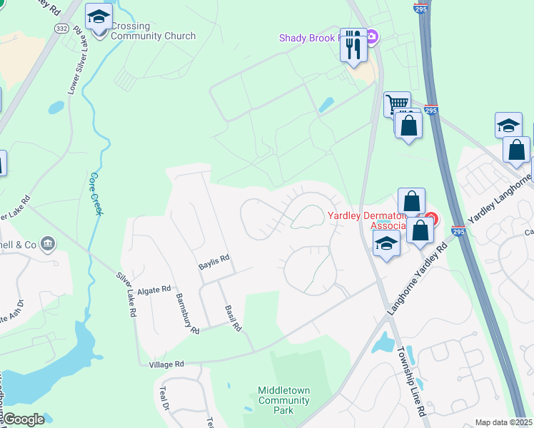 map of restaurants, bars, coffee shops, grocery stores, and more near 381 Shady Brook Drive in Langhorne