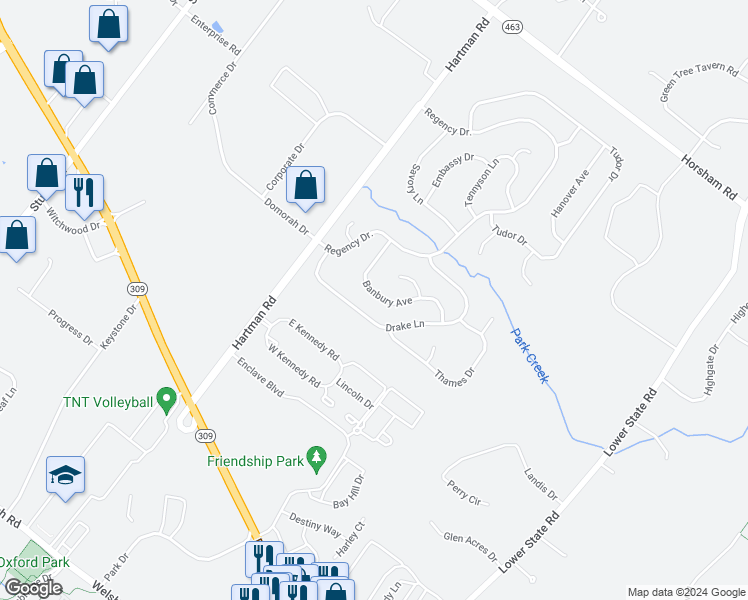 map of restaurants, bars, coffee shops, grocery stores, and more near 116 Banbury Avenue in North Wales