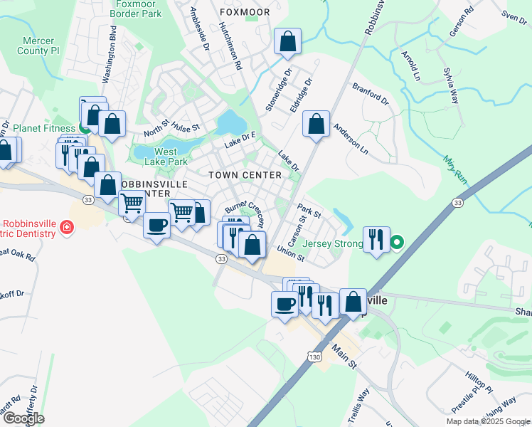 map of restaurants, bars, coffee shops, grocery stores, and more near 115 Yard Street in Robbinsville Township