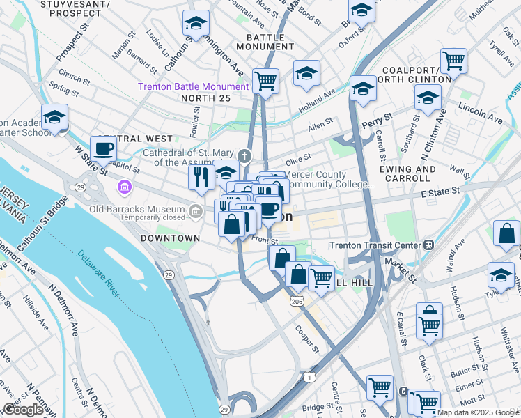 map of restaurants, bars, coffee shops, grocery stores, and more near 50 East State Street in Trenton