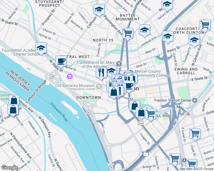 map of restaurants, bars, coffee shops, grocery stores, and more near 41 West State Street in Trenton