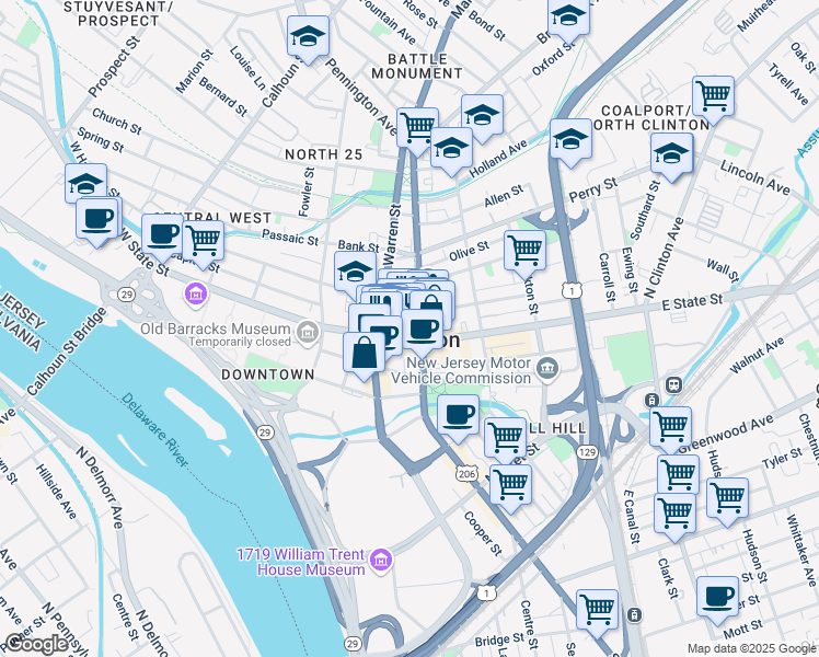 map of restaurants, bars, coffee shops, grocery stores, and more near 50 East State Street in Trenton