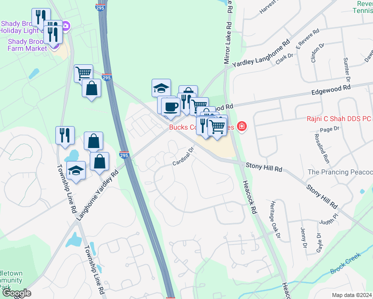 map of restaurants, bars, coffee shops, grocery stores, and more near 659 Alder Court in Yardley
