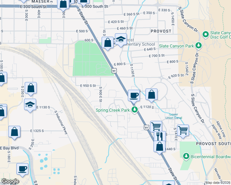 map of restaurants, bars, coffee shops, grocery stores, and more near 944 South State Street in Provo