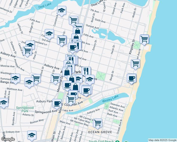 map of restaurants, bars, coffee shops, grocery stores, and more near 517 1st Avenue in Asbury Park