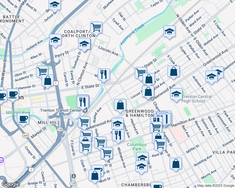 map of restaurants, bars, coffee shops, grocery stores, and more near 325 Monmouth Street in Trenton