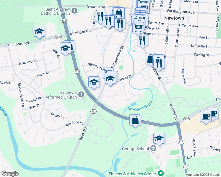 map of restaurants, bars, coffee shops, grocery stores, and more near 99 Barclay Street in Newtown