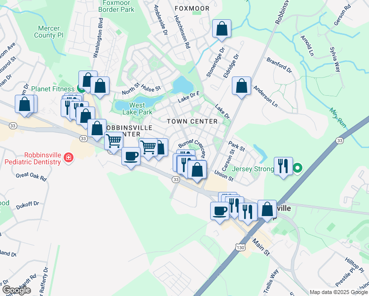 map of restaurants, bars, coffee shops, grocery stores, and more near 1236 Park Street in Robbinsville Township