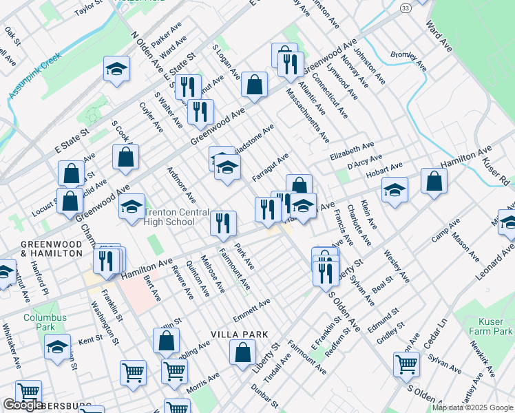 map of restaurants, bars, coffee shops, grocery stores, and more near 417 South Olden Avenue in Trenton