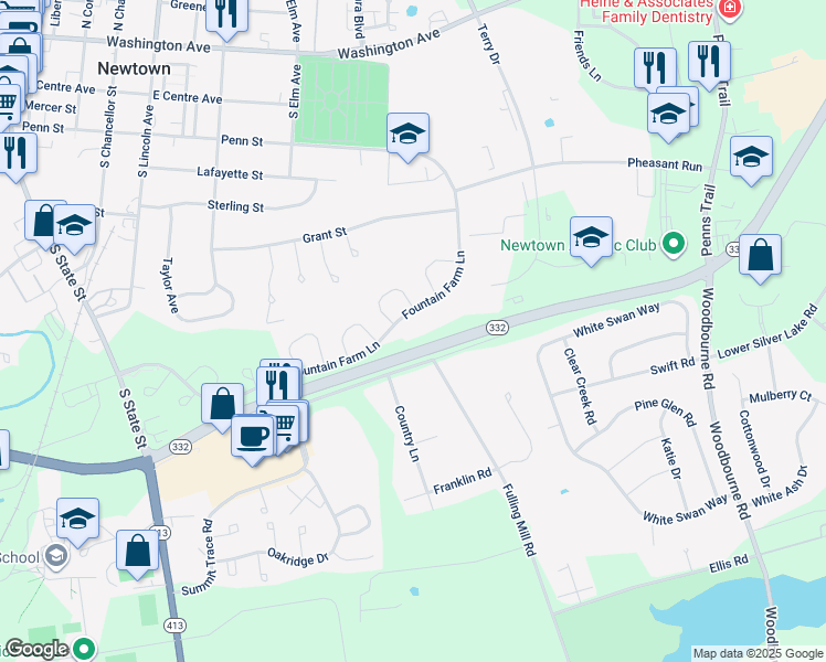 map of restaurants, bars, coffee shops, grocery stores, and more near 102 Fountain Farm Lane in Newtown