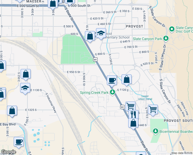 map of restaurants, bars, coffee shops, grocery stores, and more near 944 South State Street in Provo