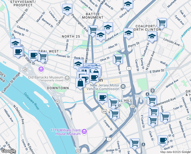 map of restaurants, bars, coffee shops, grocery stores, and more near 32 East Hanover Street in Trenton