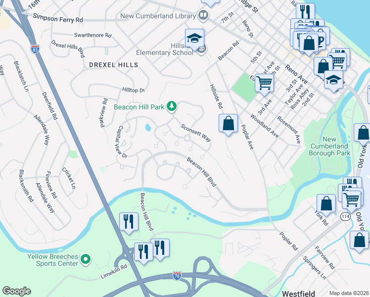 map of restaurants, bars, coffee shops, grocery stores, and more near 1341 Sagamore Court in New Cumberland