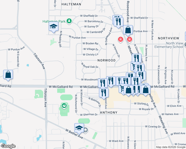 map of restaurants, bars, coffee shops, grocery stores, and more near 2200-2212 West Audubon Drive in Muncie