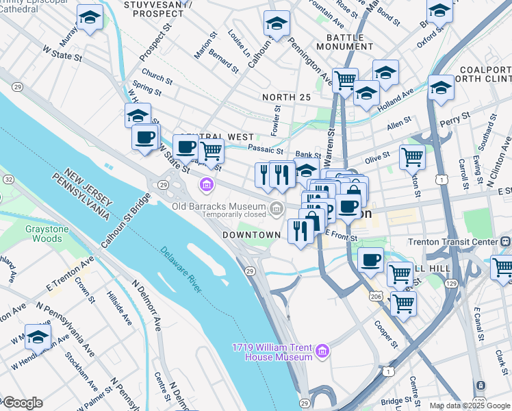 map of restaurants, bars, coffee shops, grocery stores, and more near 125 West State Street in Trenton