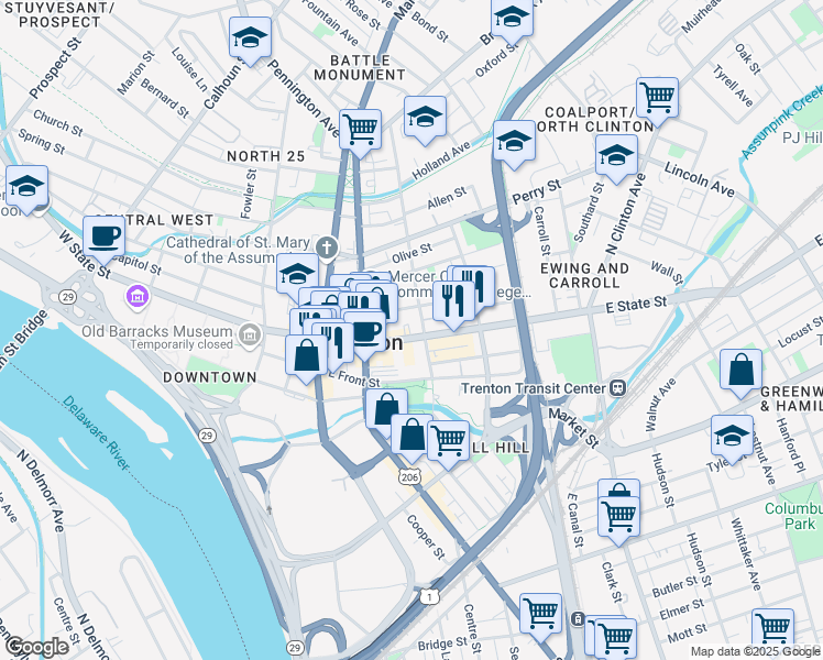 map of restaurants, bars, coffee shops, grocery stores, and more near 142 East State Street in Trenton