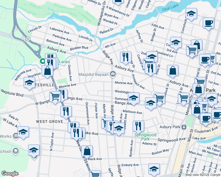 map of restaurants, bars, coffee shops, grocery stores, and more near 505 Ridge Avenue in Asbury Park