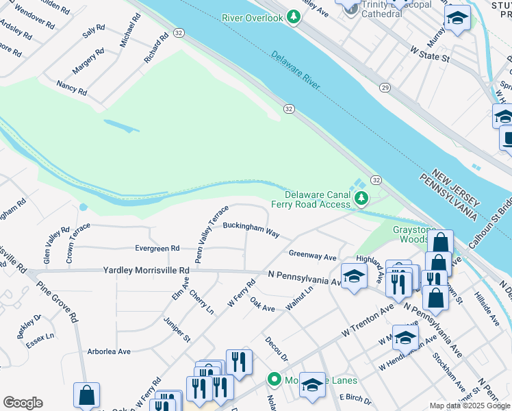 map of restaurants, bars, coffee shops, grocery stores, and more near 215 Penn Valley Terrace in Morrisville