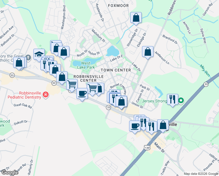 map of restaurants, bars, coffee shops, grocery stores, and more near 1236 Park Street in Robbinsville Township