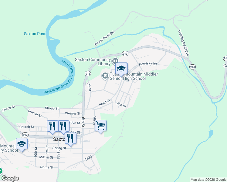map of restaurants, bars, coffee shops, grocery stores, and more near 213 Front Street in Saxton