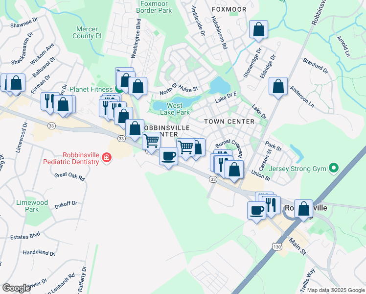map of restaurants, bars, coffee shops, grocery stores, and more near in Robbinsville Township