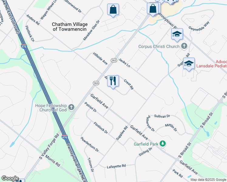 map of restaurants, bars, coffee shops, grocery stores, and more near 970 Anders Road in Lansdale